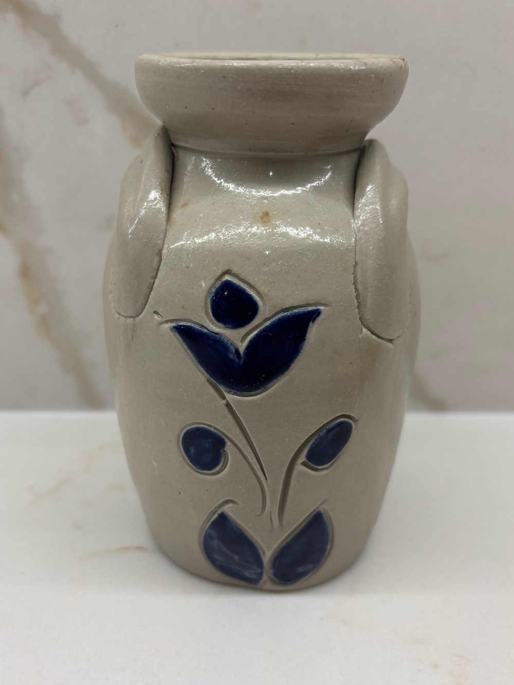 Vintage Williamsburg Pottery Salt Glaze Cobalt Blue Leaf Vase with Handles